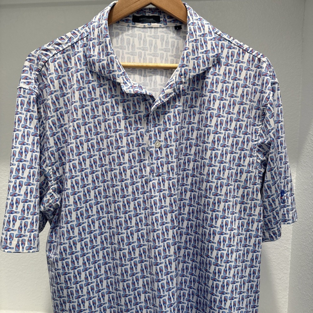 Turtleson Golf Polo Shirt Blue Mens L Beer Bottles AOP Geometric Performance